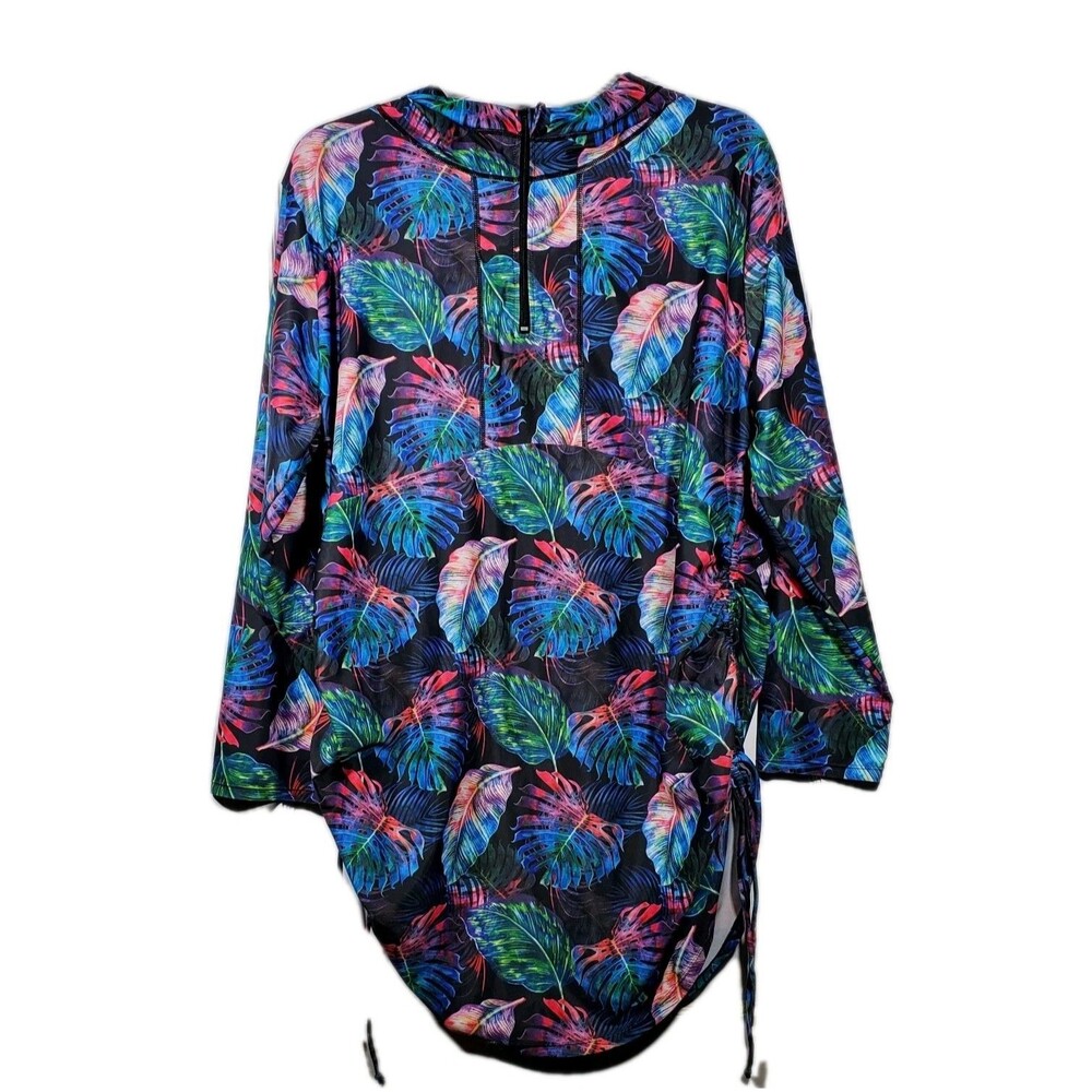 Hanna Nikole 24W Swim Dress Long Sleeve Tropical Rash Guard Quarter Zip